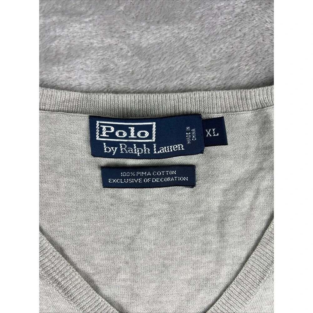 Polo Ralph Lauren Mens XXL Heather Gray 100% Pima Cotton V-Neck Sweater Pony